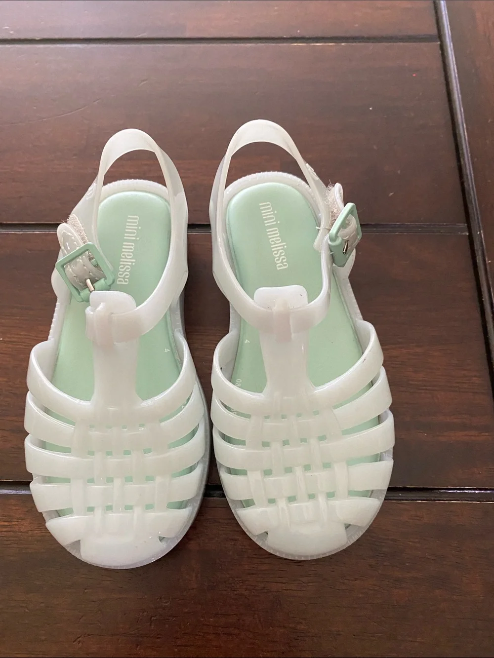 Mini Melissa White Jelly Sandals with Mint Insole and Buckle